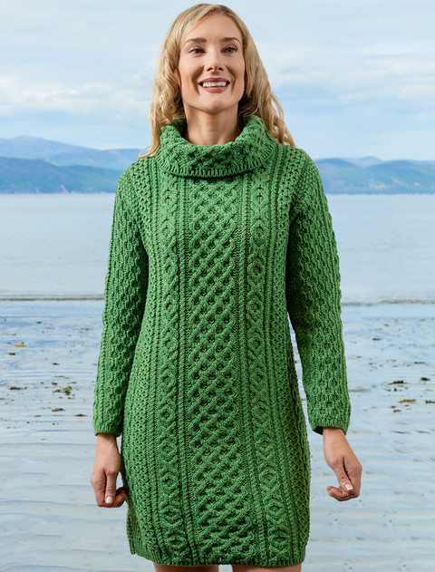Cable Aran Dress with Cowl Neck - Kiwi