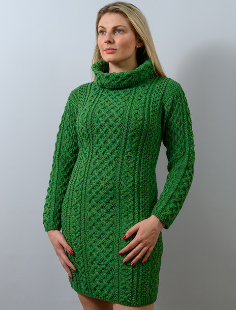 Cable Aran Dress with Cowl Neck - Kiwi