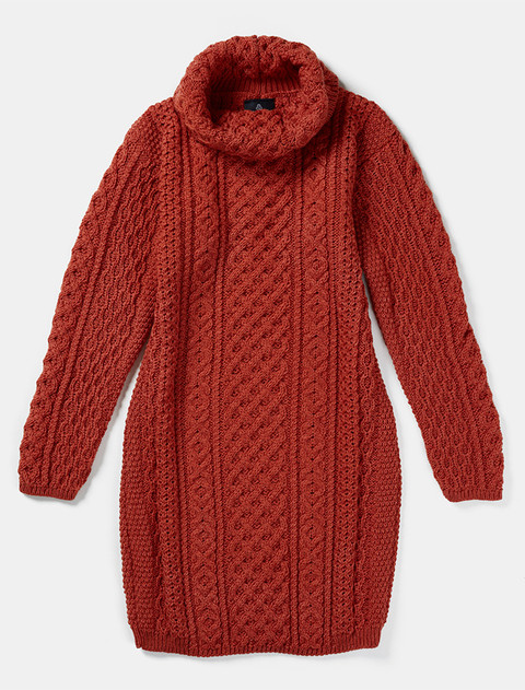 Cable Aran Dress with Cowl Neck - Autumn Leaf