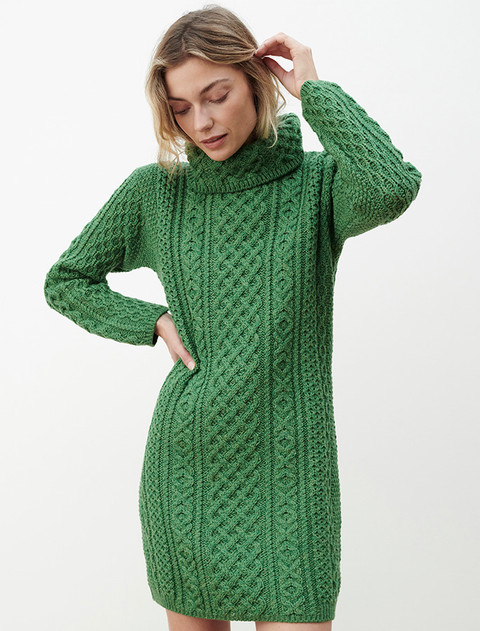 Cable Aran Dress with Cowl Neck - Kiwi