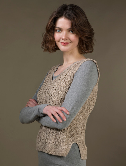 Ladies V-Neck Aran Slipover - Wicker