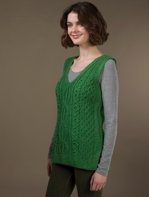 Ladies V-Neck Aran Slipover - Kiwi