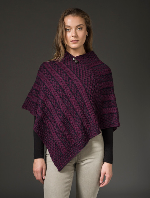 Plaited Aran Poncho with Button Detail - Very Berry/Navy