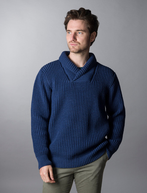 Fisherman Shawl Neck Sweater -  Blue