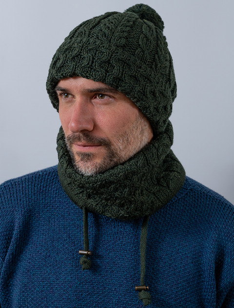 Merino Honeycomb and Cable Pom Hat - Army Green