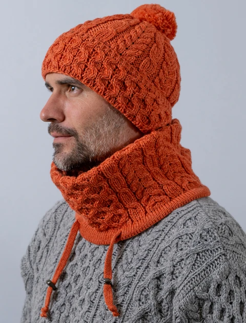 Honeycomb & Cable Hat with Pom Pom - Autumn Leaf