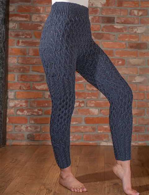 Wool Cashmere Aran Cable Leggings - Navy