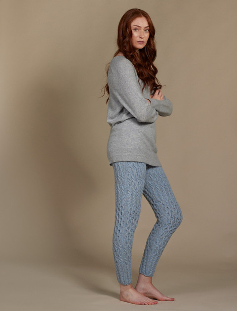 Wool Cashmere Aran Cable Leggings - Sky