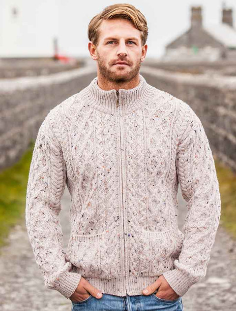 Diamond and Cable Knit Zip Cardigan with Pockets - Oatmeal