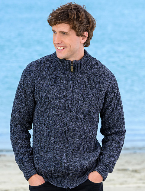 Diamond and Cable Knit Zip Cardigan with Pockets - Charcoal