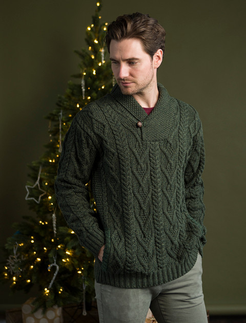 Shawl Collar Sweater - One Button Fisherman Sweater - Army Green