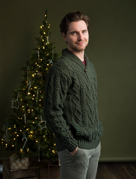 Shawl Collar Sweater - One Button Fisherman Sweater - Army Green