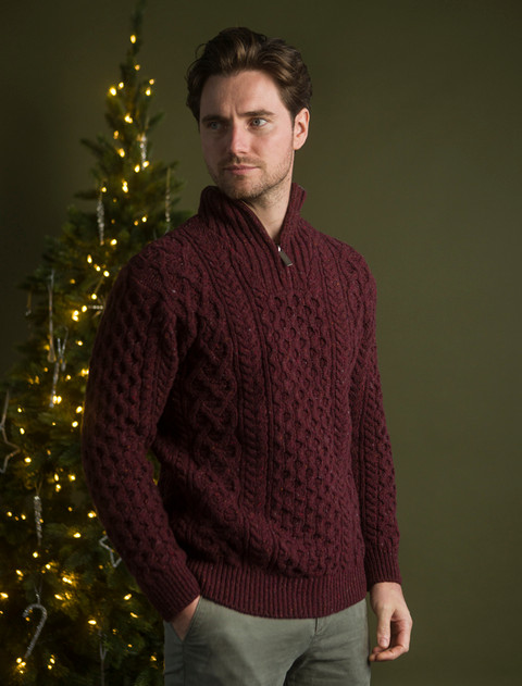 Wool Cashmere Aran Troyer Sweater - Rich Burgundy