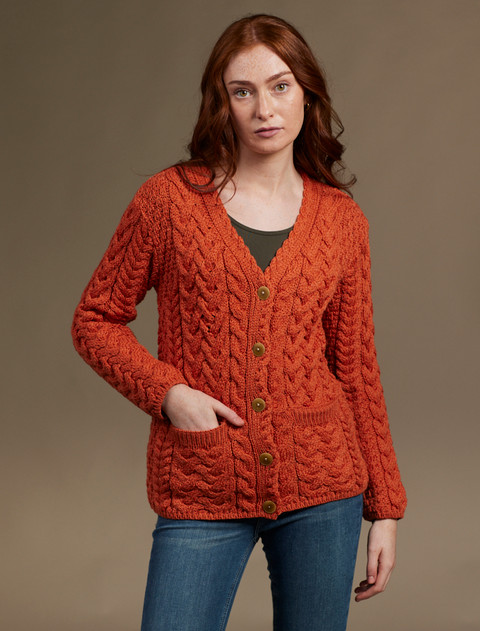 Super Soft V-Neck Button Up Cable Knit Cardigan - Autumn Leaf