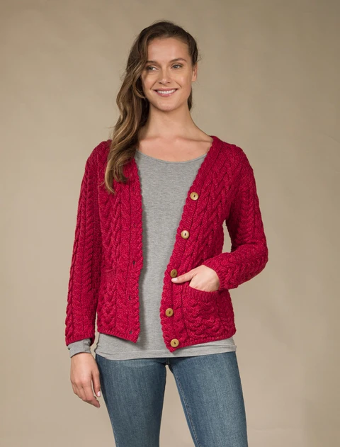 Super Soft V-Neck Button Up Cable Knit Cardigan - Chillipepper