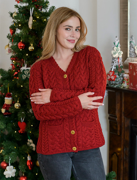Super Soft V-Neck Button Up Cable Knit Cardigan - Chillipepper