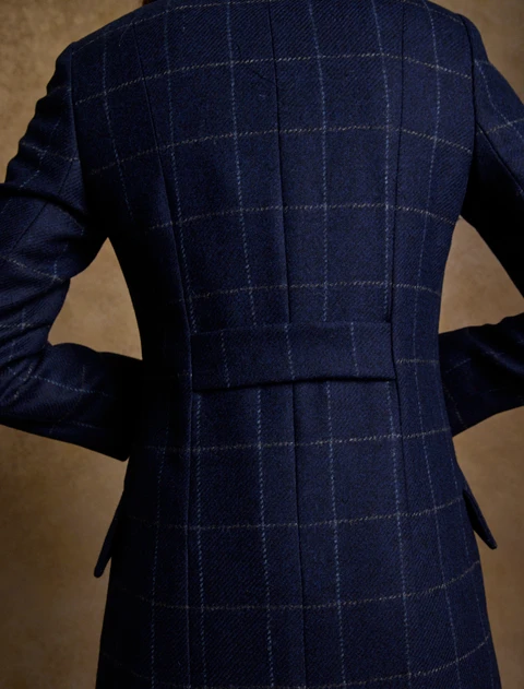 Fran Classic Long Tweed Coat - Navy Check