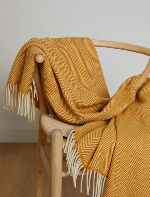 Wool and Cashmere Throw - Mustard White & Fern
