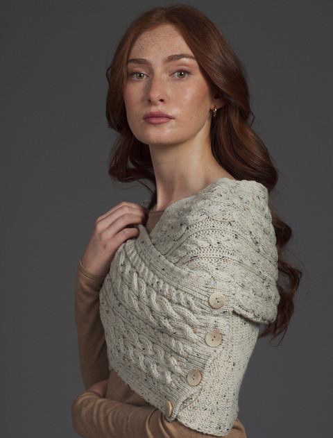 Merino Aran Cable Crossover Wrap with Buttons - Aran Nep