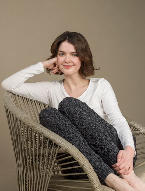 Aran Wool Cuffed Cable Leggings - Charcoal Marl