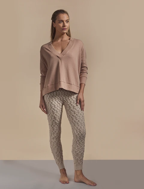 Aran Wool Cuffed Cable Leggings - Parsnip