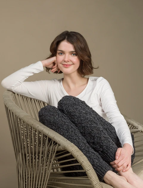 Aran Wool Cuffed Cable Leggings - Charcoal Marl