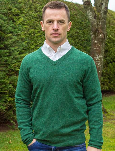 Mens Lambswool V-Neck Sweater - Green Melange