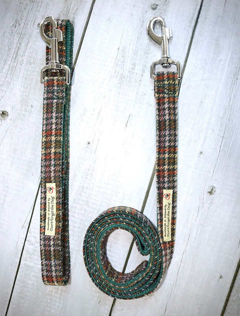 Tweed Wool Dog Lead - Green & Amber Plaid