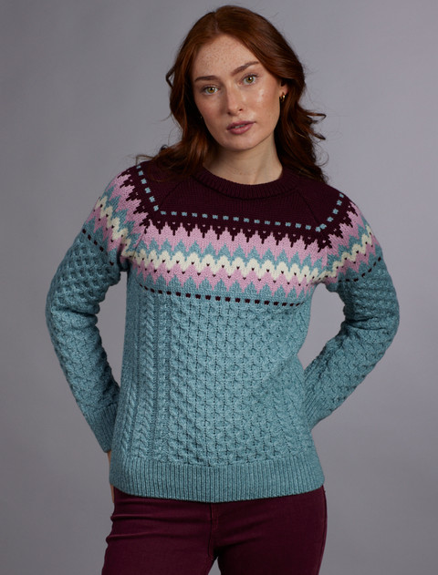 Ladies Aran Raglan Sweater - Aqua