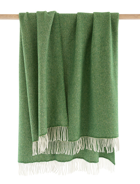 Merino Wool Cashmere Throw - Green Herringbone 
