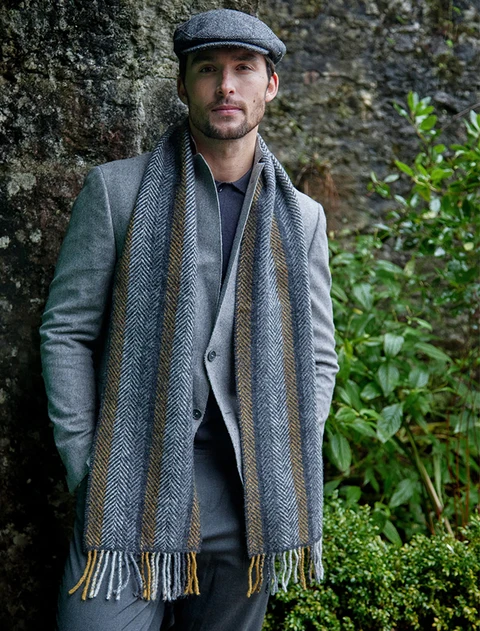  Irish Cashmere Merino Scarf - Mustard & Grey