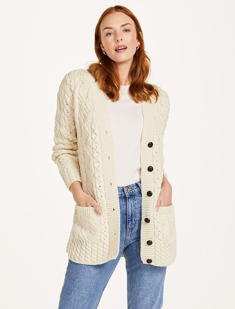 Ladies Button-Up Aran Cardigan - Ecru