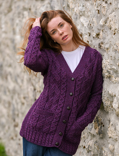 Ladies Button-Up Aran Cardigan - Purple