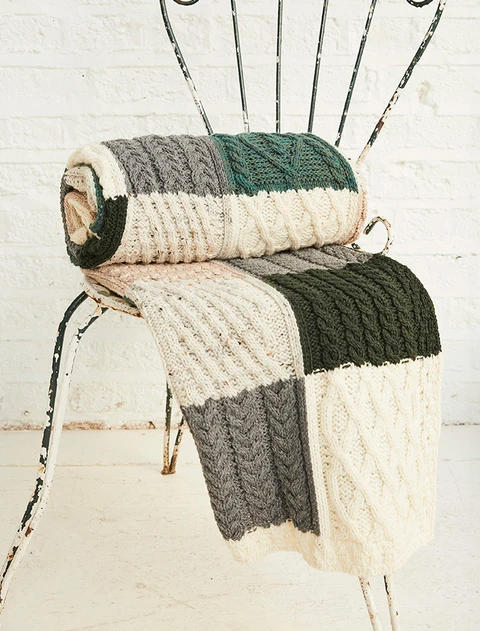 Multi-Tone Aran Patchwork Throw - White, Grey & Green