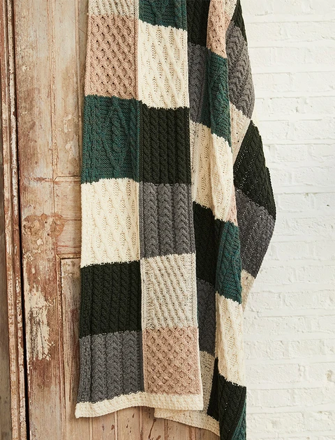 Multi-Tone Aran Patchwork Throw - White, Grey & Green