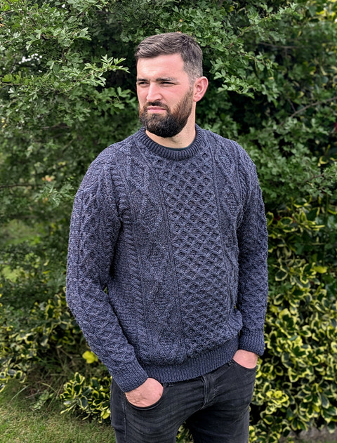 Men's Traditional Aran Wool Crew Neck Sweater - Denim