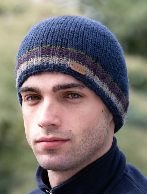 Men's Wool Ribbed Pull-on Hat - Navy Multi-Stripes