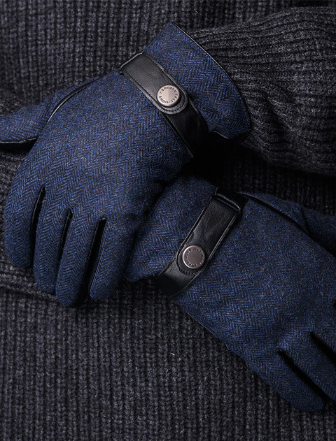 Mens Tweed Stud Gloves - Navy Herringbone