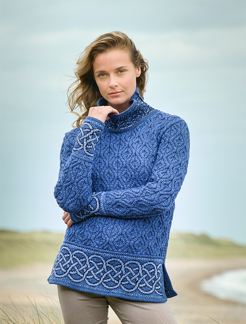 Ladies Celtic Jacquard Aran Sweater - Blue Marl