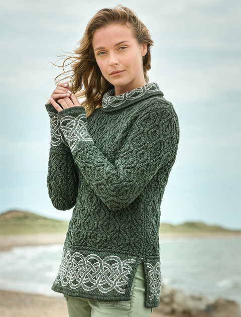 Ladies Celtic Jacquard Aran Sweater - Green