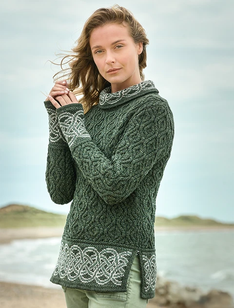 Ladies Celtic Jacquard Aran Sweater - Green
