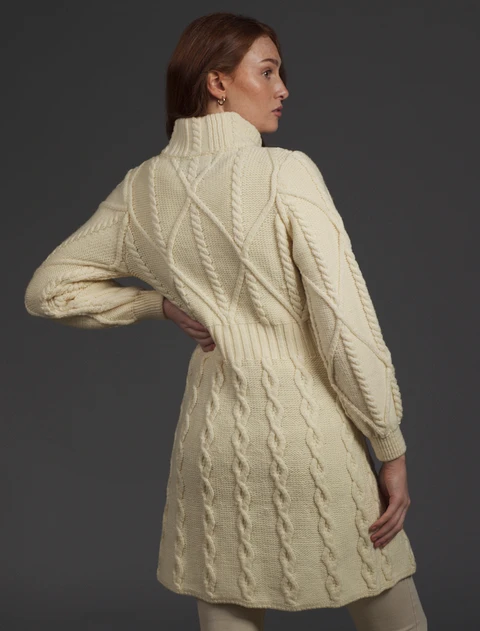 Women's Aran Long Button Cable & Diamond Coat - White
