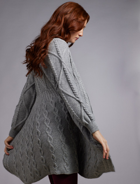 Women's Aran Long Button Cable & Diamond Coat - Grey