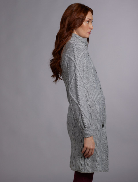 Women's Aran Long Button Cable & Diamond Coat - Grey