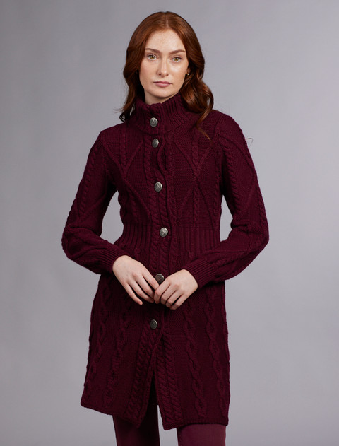 Women's Aran Long Button Cable & Diamond Coat - Wine