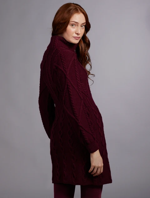 Women's Aran Long Button Cable & Diamond Coat - Wine
