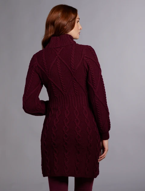 Women's Aran Long Button Cable & Diamond Coat - Wine