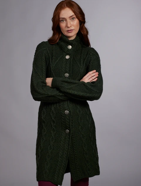 Women's Aran Long Button Cable & Diamond Coat - Army Green