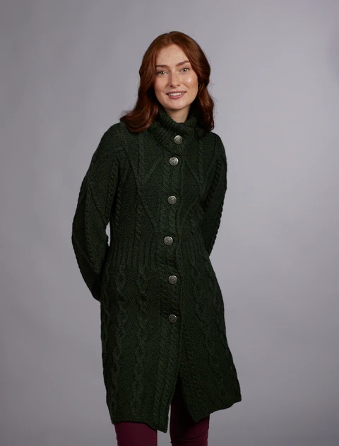 Women's Aran Long Button Cable & Diamond Coat - Army Green