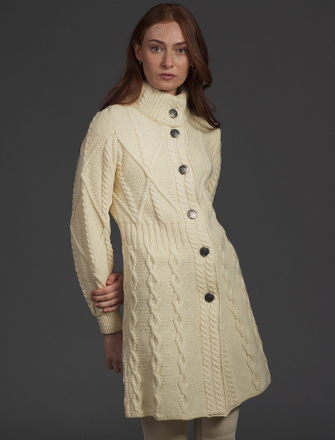 Women's Aran Long Button Cable & Diamond Coat - White